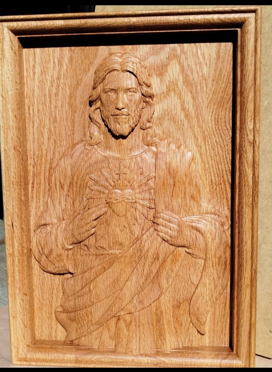 Cuadro Sagrado Corazón de Jesús tallado en relieve 3D en madera de roble