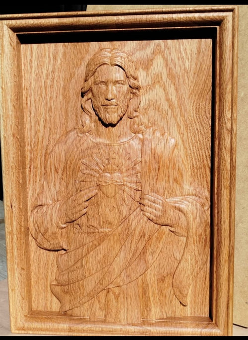 Cuadro Sagrado Corazón de Jesús tallado en relieve 3D en madera de roble