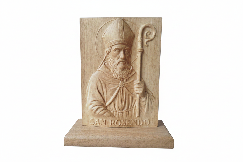 San Rosendo talla en relieve madera de haya fondo blanco