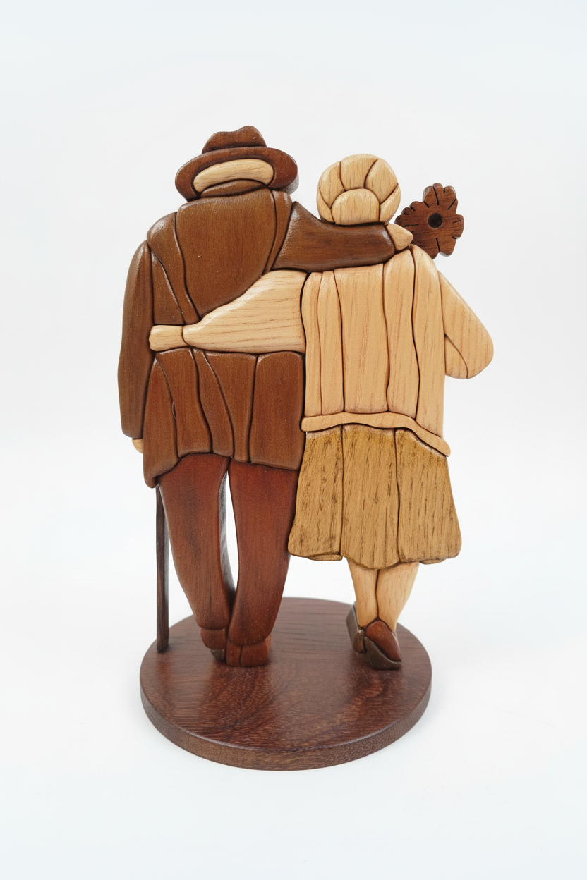 Escultura pareja ancianos marquetería - imagen de producto profesional